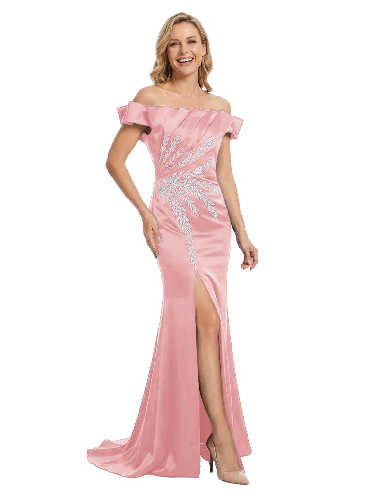 Elegant Off The Shoulder Satin Mermaid Floral Applique Mother of the Bride Dresses With Side Slit sold by ChicSew product image thumbnail 5