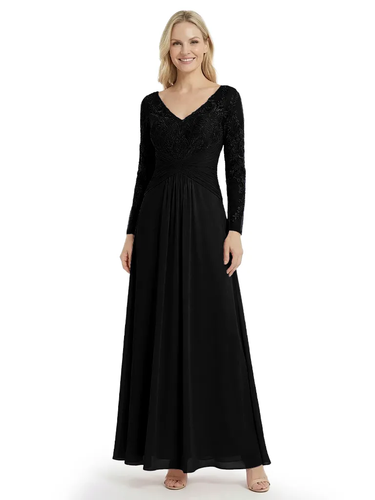 Elegant Mother Of The Bride Dresses V-Neck Long Sleeves Lace Appliques A-Line Ruched Formal Wedding Event Dress sold by ChicSew product image thumbnail 4