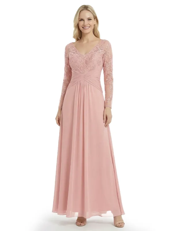 Elegant Mother Of The Bride Dresses V-Neck Long Sleeves Lace Appliques A-Line Ruched Formal Wedding Event Dress sold by ChicSew