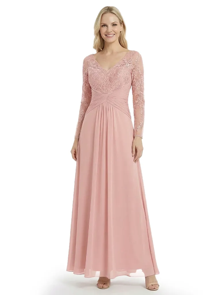 Elegant Mother Of The Bride Dresses V-Neck Long Sleeves Lace Appliques A-Line Ruched Formal Wedding Event Dress sold by ChicSew