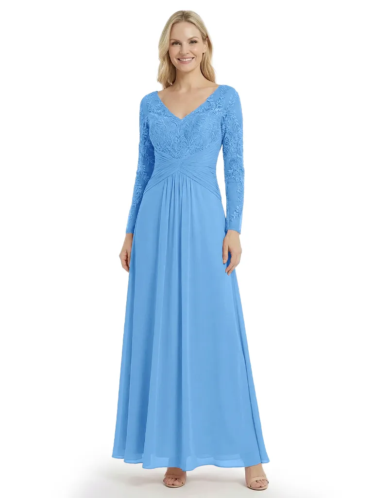 Elegant Mother Of The Bride Dresses V-Neck Long Sleeves Lace Appliques A-Line Ruched Formal Wedding Event Dress sold by ChicSew product image thumbnail 5