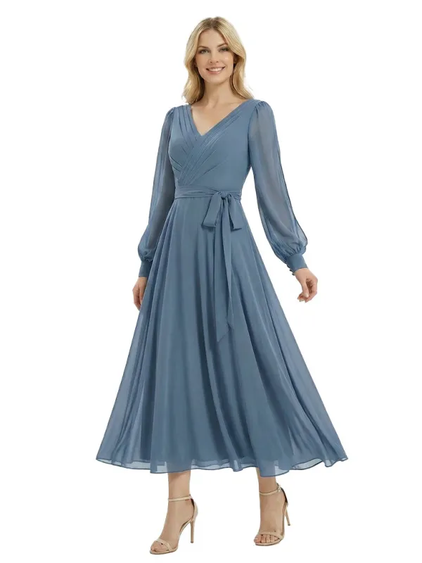 Elegant Mother of The Bride Dresses Modern V-Neck Long Sleeve Chiffon Gown Pretty Flowy Maxi Dress for Weddings sold by ChicSew
