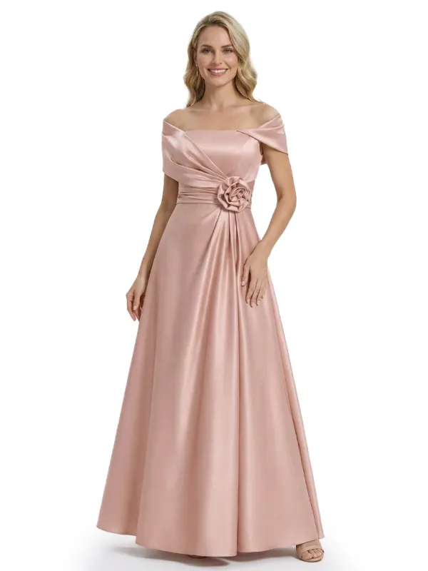 Pretty Off Shoulder Short Sleeve Asymmetric Mother of The Bride Dress Satin A-Line Maxi Gown sold by ChicSew