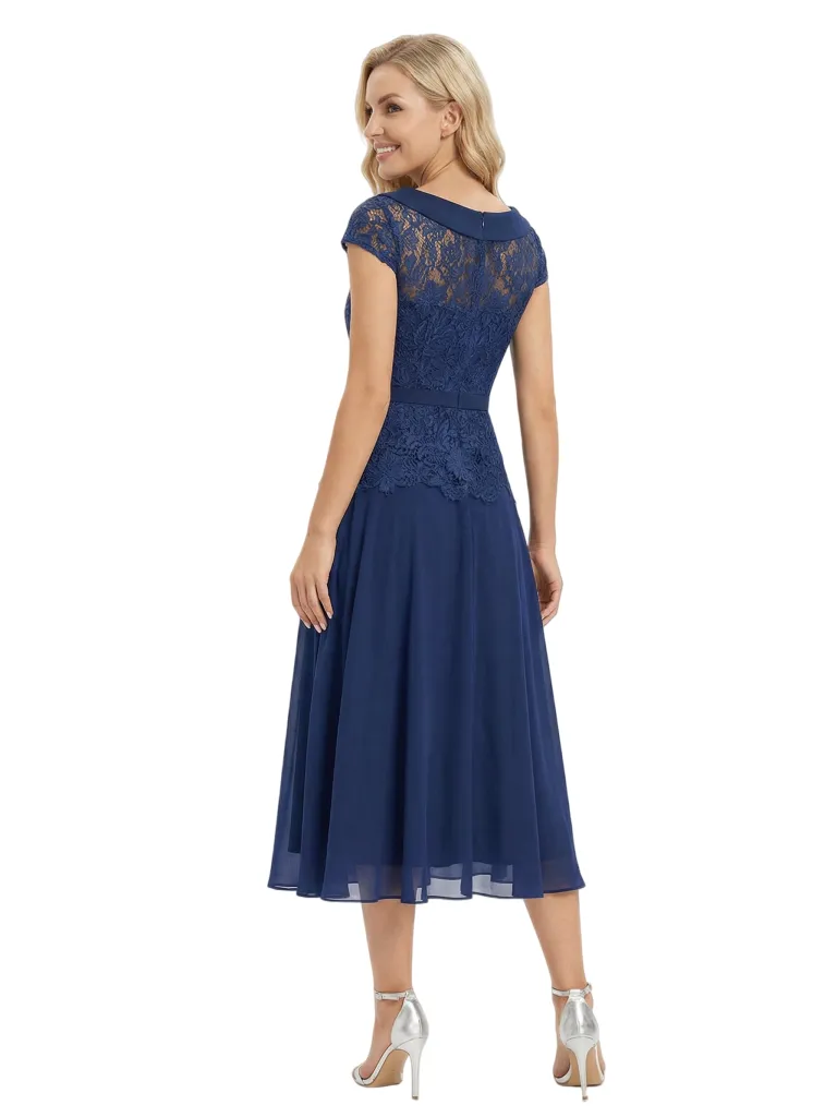 Fancy Scoop Neck Cap Sleeves Lace Chiffon Tea-Length Mother of The Groom Dresses sold by ChicSew product image thumbnail 3