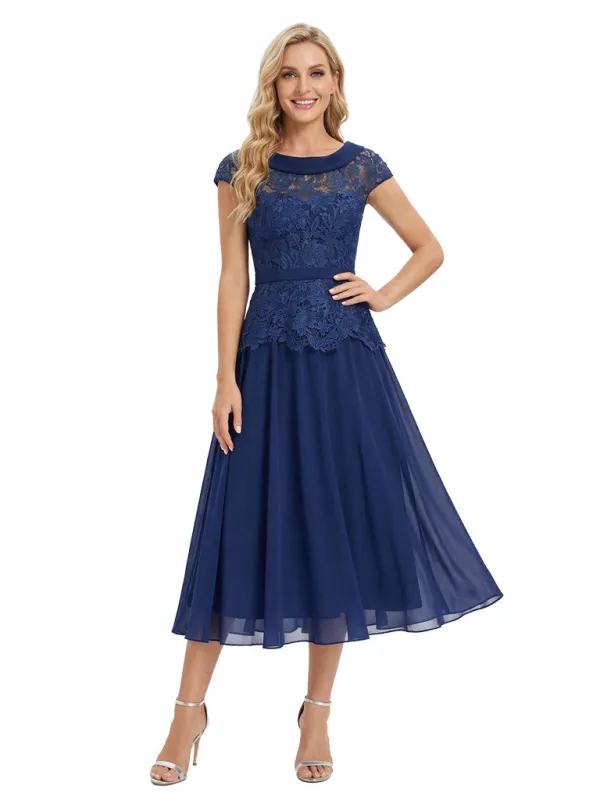 Fancy Scoop Neck Cap Sleeves Lace Chiffon Tea-Length Mother of The Groom Dresses sold by ChicSew