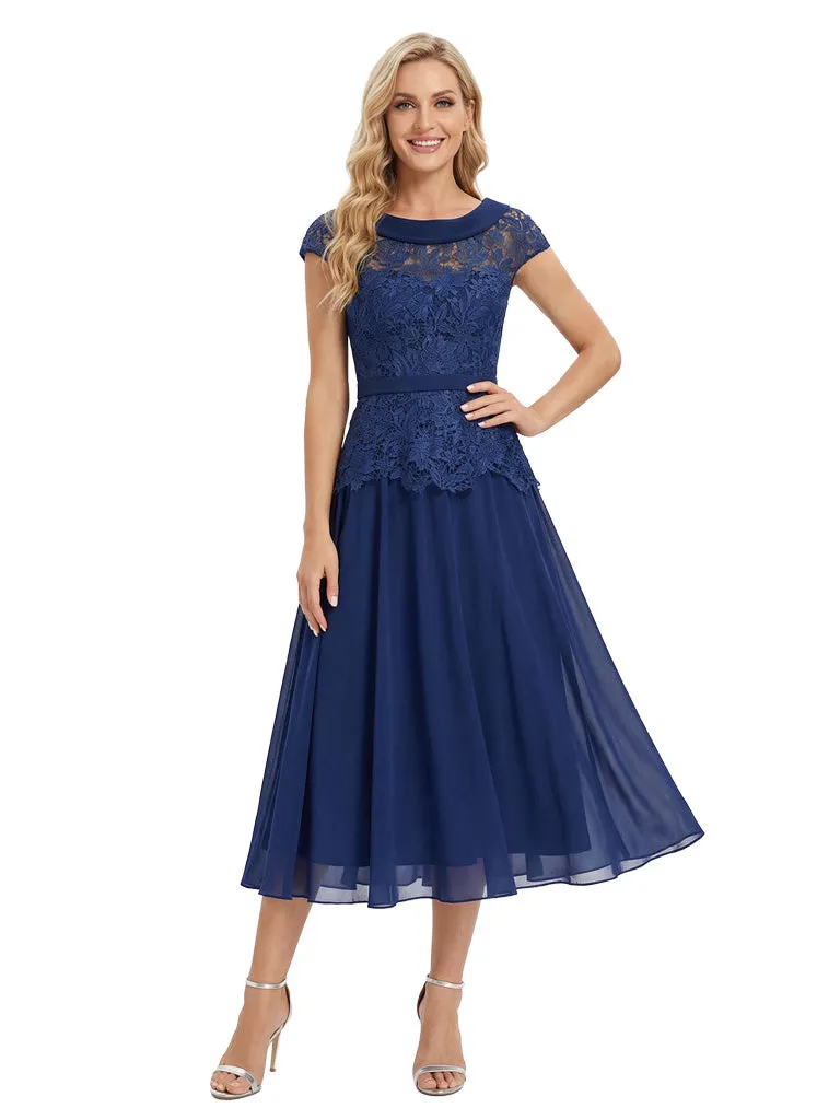 Fancy Scoop Neck Cap Sleeves Lace Chiffon Tea-Length Mother of The Groom Dresses sold by ChicSew