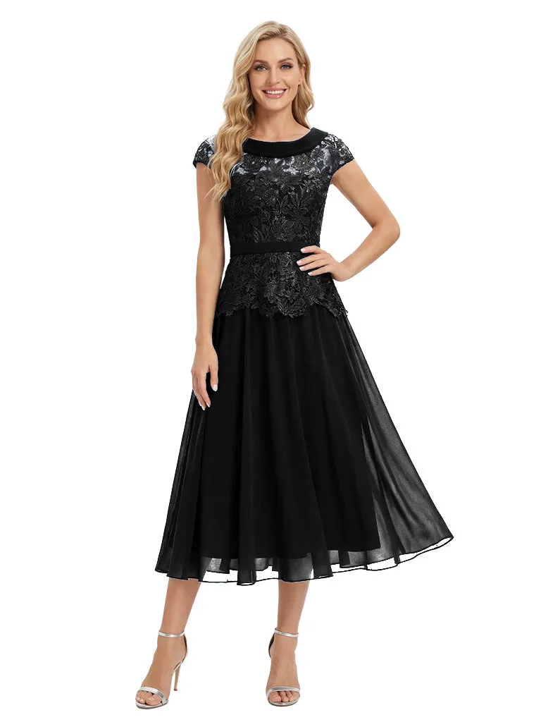 Fancy Scoop Neck Cap Sleeves Lace Chiffon Tea-Length Mother of The Groom Dresses sold by ChicSew product image thumbnail 4