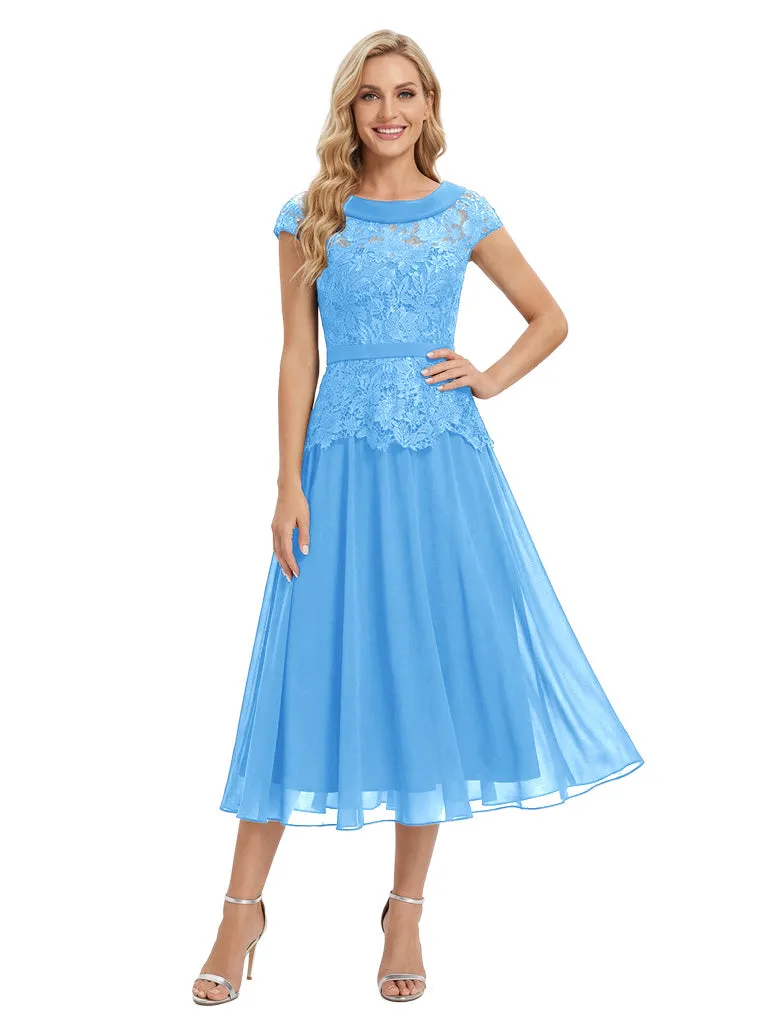 Fancy Scoop Neck Cap Sleeves Lace Chiffon Tea-Length Mother of The Groom Dresses sold by ChicSew product image thumbnail 5