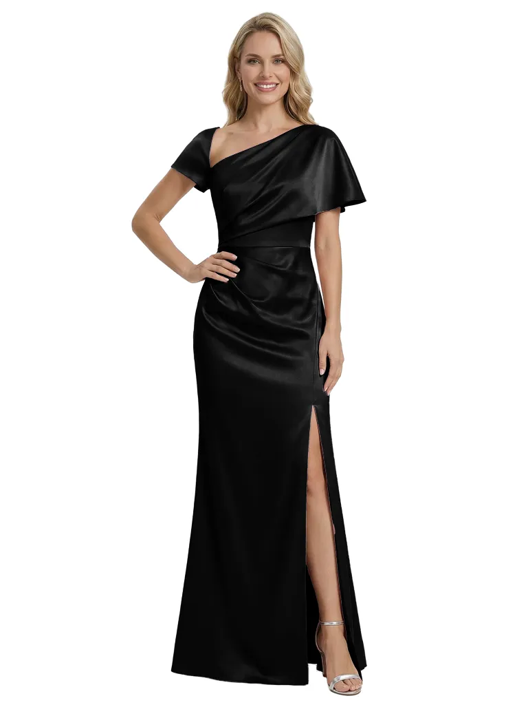 Stylish One Shoulder Asymmetric Short Sleeve Side Slit Mermaid Mother of The Bride Dress Satin Maxi Gown sold by ChicSew product image thumbnail 4
