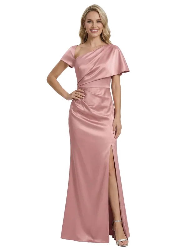 Stylish One Shoulder Asymmetric Short Sleeve Side Slit Mermaid Mother of The Bride Dress Satin Maxi Gown sold by ChicSew