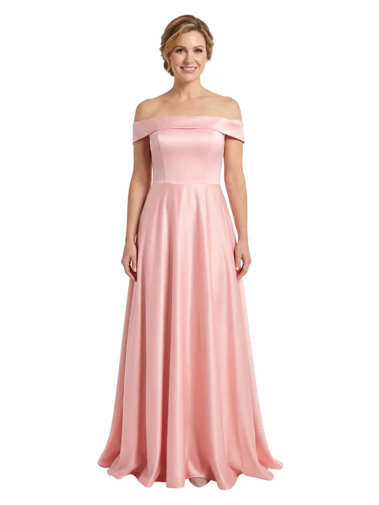 Elegant Off Shoulder Sleeveless Mother of The Bride Dress Satin A-Line Maxi Gown with Timeless Structured Bodice sold by ChicSew