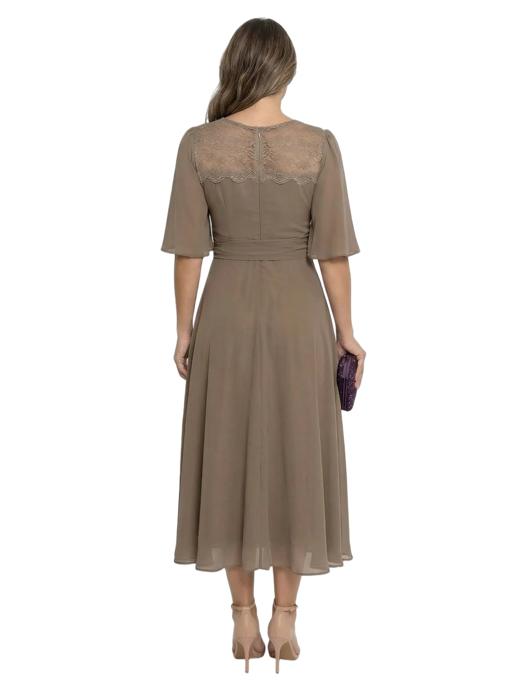 Classy Lace Flutter Sleeve Mother of The Groom Dress Chiffon Tea-Length Gown with Belt sold by ChicSew product image thumbnail 3