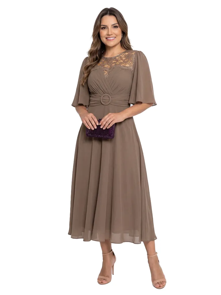 Classy Lace Flutter Sleeve Mother of The Groom Dress Chiffon Tea-Length Gown with Belt sold by ChicSew