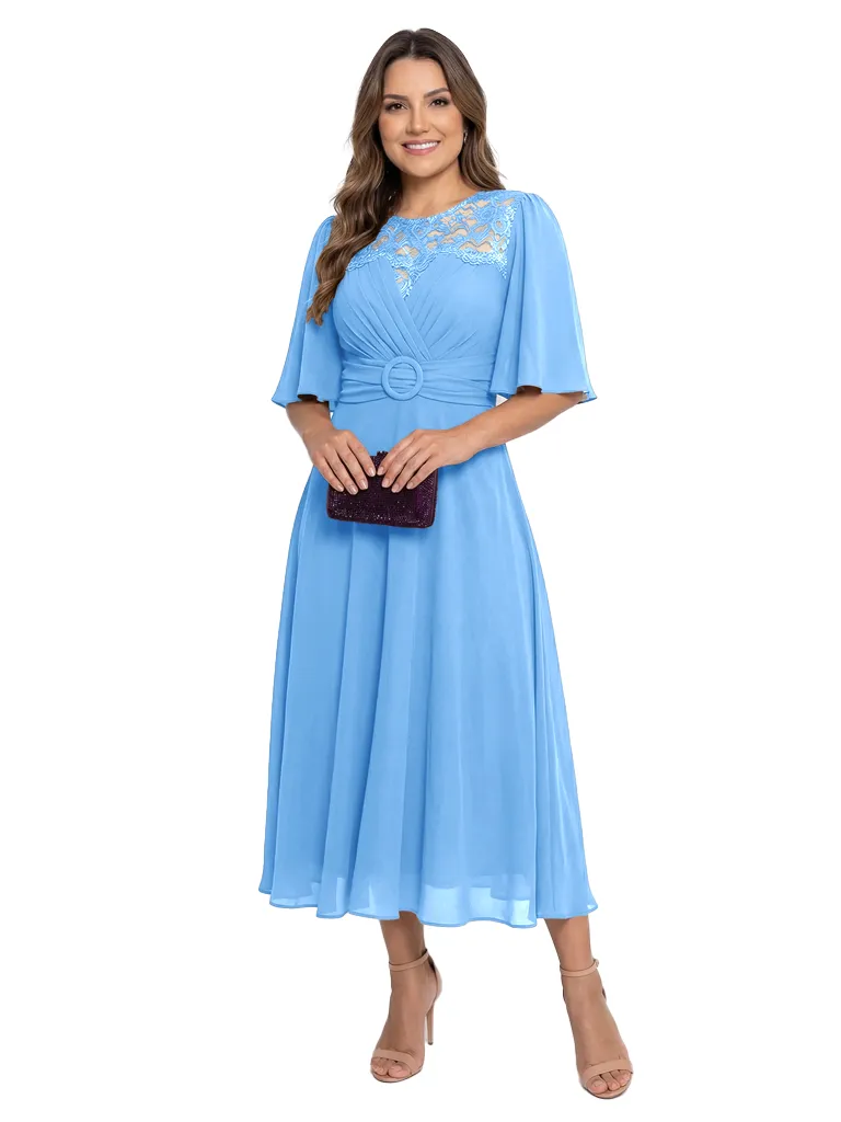 Classy Lace Flutter Sleeve Mother of The Groom Dress Chiffon Tea-Length Gown with Belt sold by ChicSew product image thumbnail 5