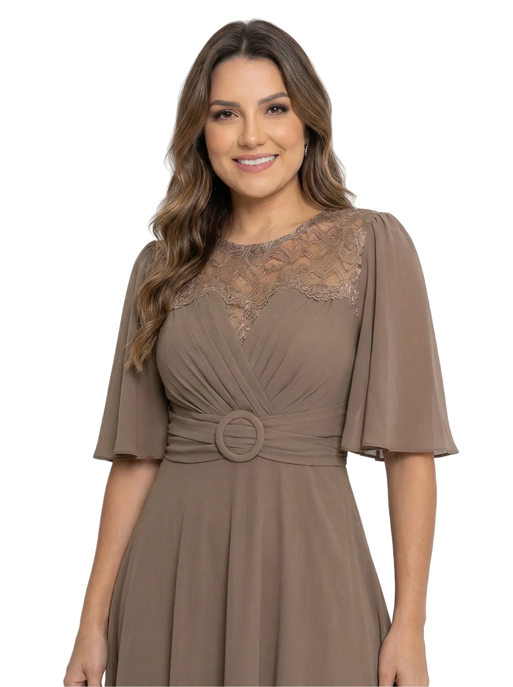 Classy Lace Flutter Sleeve Mother of The Groom Dress Chiffon Tea-Length Gown with Belt sold by ChicSew product image thumbnail 2