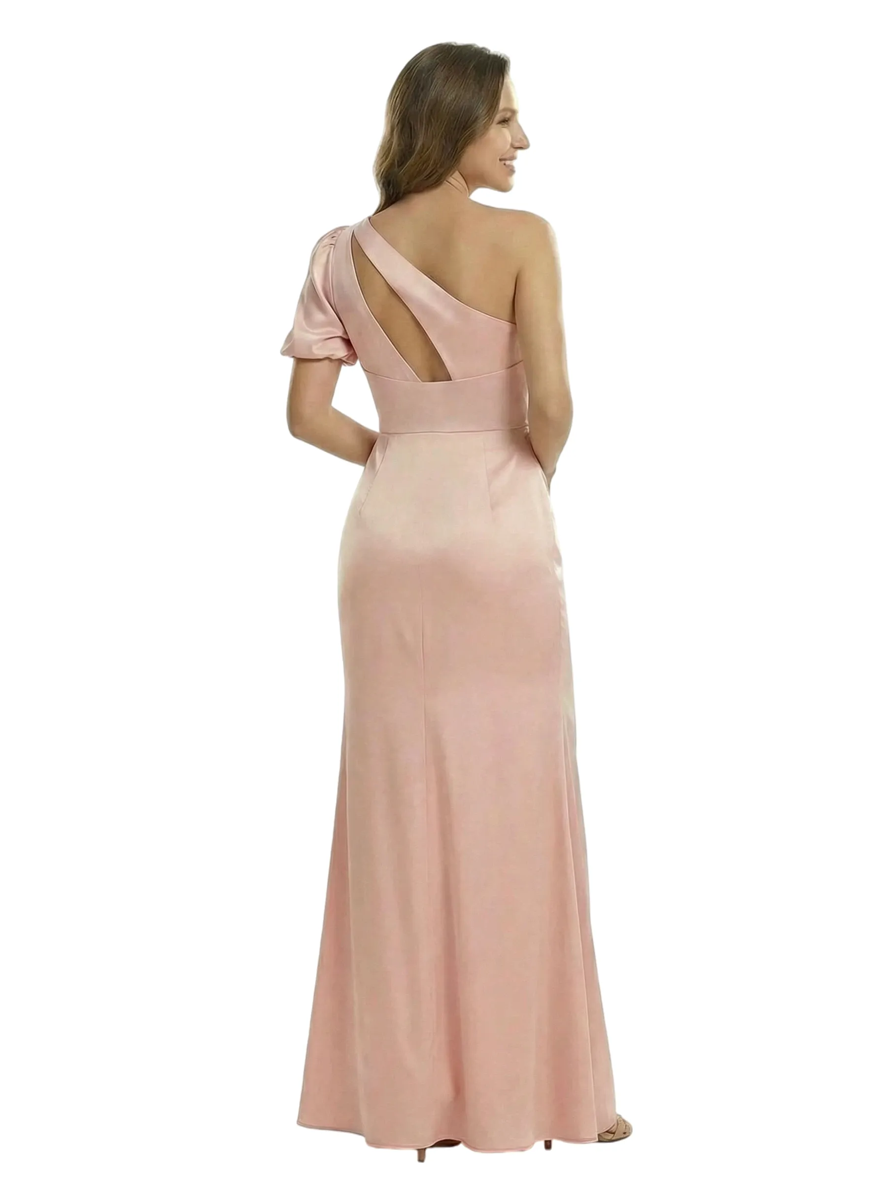 Unique One Shoulder Puff Sleeve Mother of The Groom Dress Satin Fitted Maxi Gown with Slit sold by ChicSew product image thumbnail 3