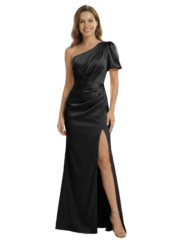 Unique One Shoulder Puff Sleeve Mother of The Groom Dress Satin Fitted Maxi Gown with Slit sold by ChicSew product image thumbnail 4