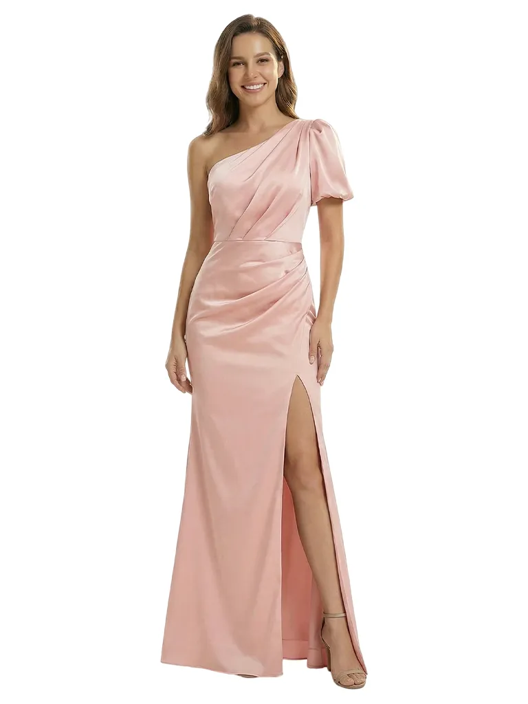 Unique One Shoulder Puff Sleeve Mother of The Groom Dress Satin Fitted Maxi Gown with Slit sold by ChicSew