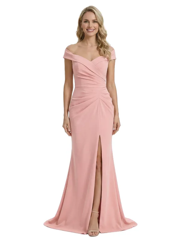 Glam Off Shoulder Sleeveless Mother of The Bride Dress Crepe Side Slit Mermaid Maxi Gown sold by ChicSew