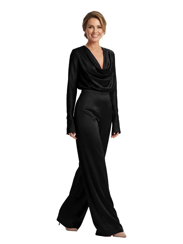 Elegant Cowl Neck Long-Sleeve Floor-Length Mother of The Groom Satin Pantsuit sold by ChicSew product image thumbnail 4