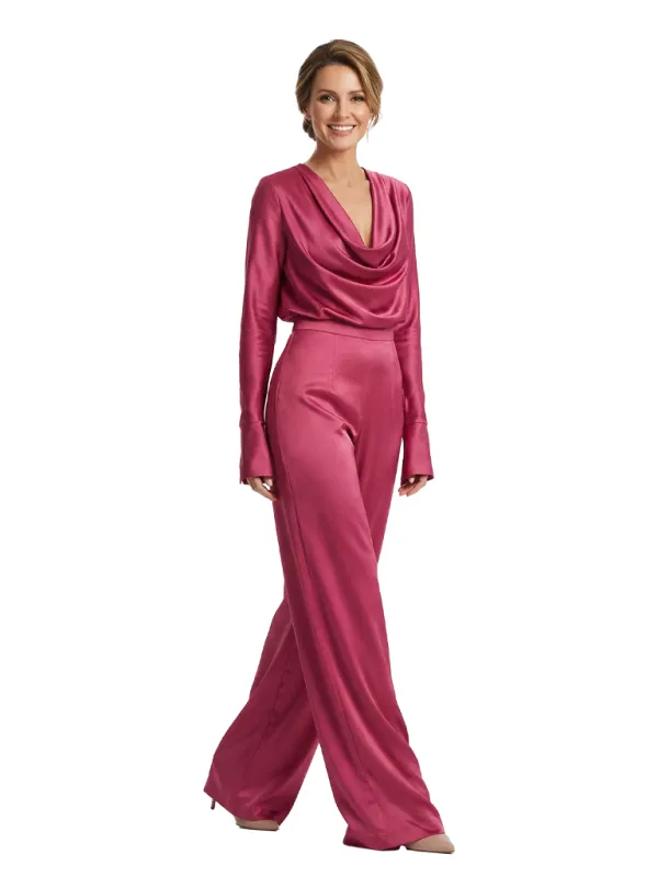 Elegant Cowl Neck Long-Sleeve Floor-Length Mother of The Groom Satin Pantsuit sold by ChicSew