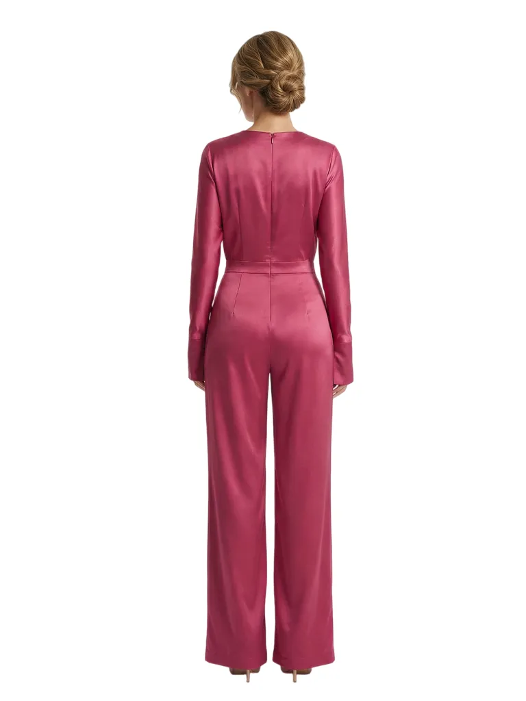 Elegant Cowl Neck Long-Sleeve Floor-Length Mother of The Groom Satin Pantsuit sold by ChicSew product image thumbnail 3
