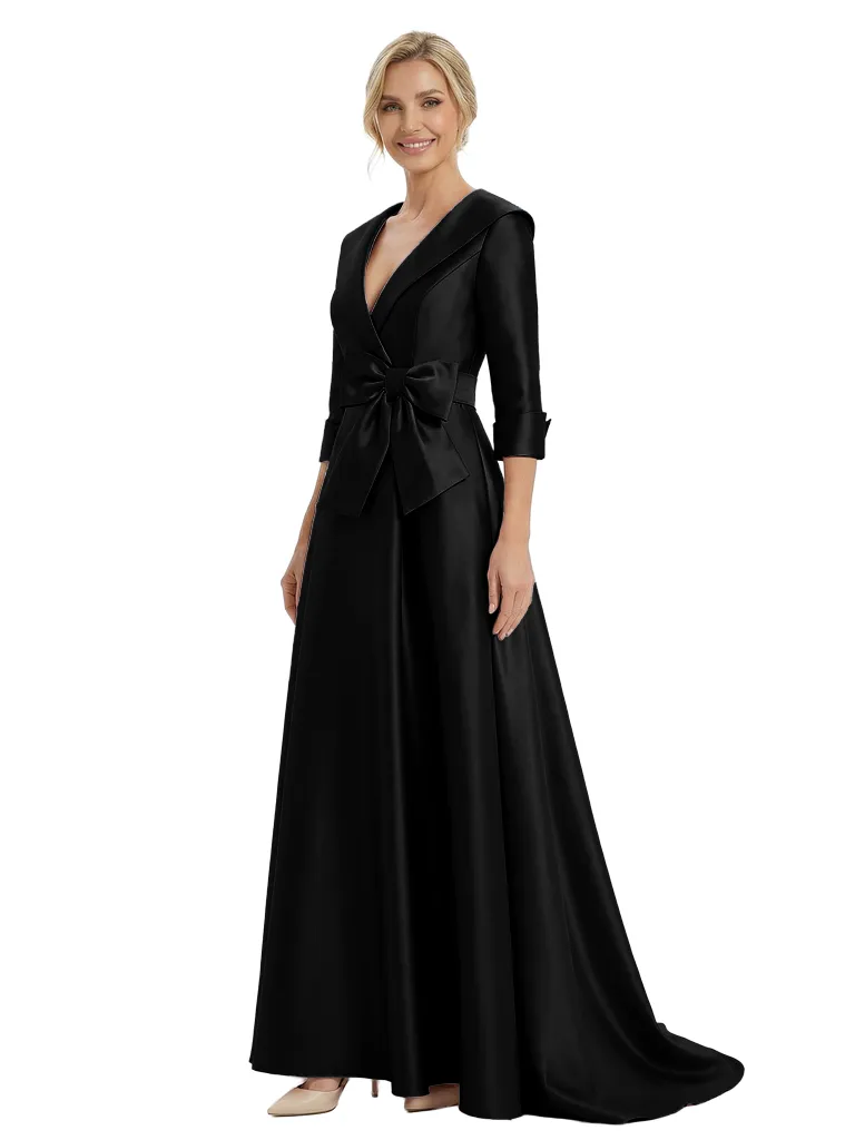 Chic Deep V-Neck 3/4 Sleeve Floor-Length With Bow Waist Mother of The Bride Satin Gown sold by ChicSew product image thumbnail 4