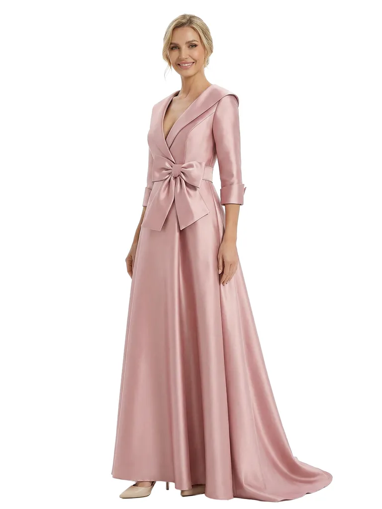 Chic Deep V-Neck 3/4 Sleeve Floor-Length With Bow Waist Mother of The Bride Satin Gown sold by ChicSew