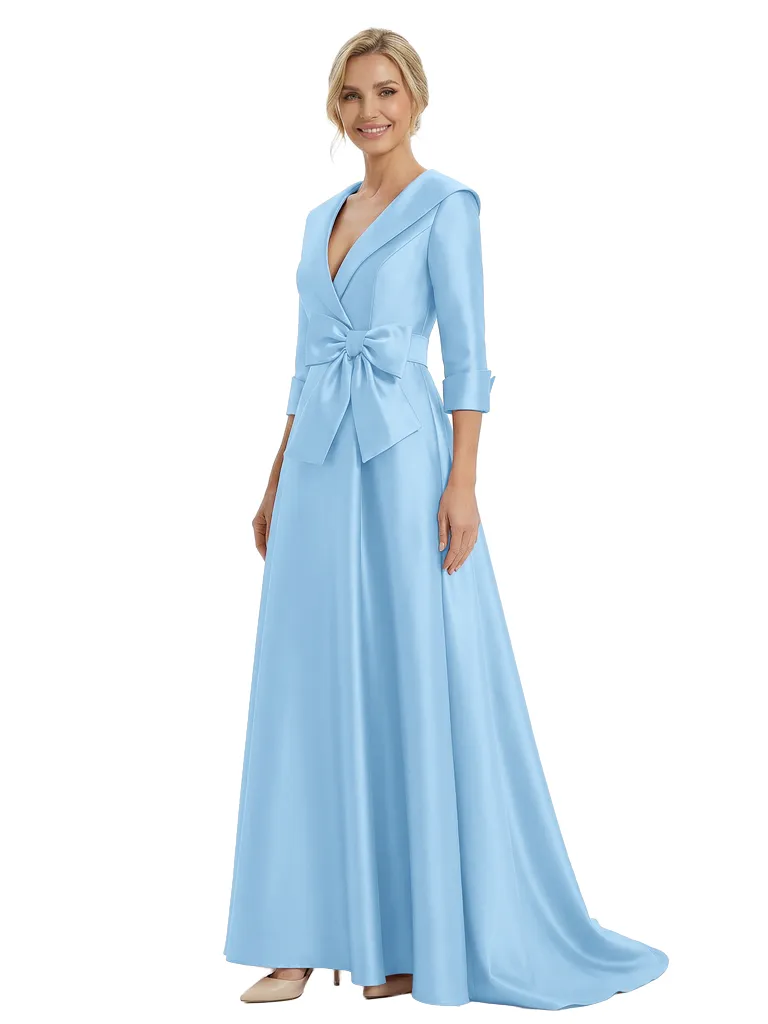 Chic Deep V-Neck 3/4 Sleeve Floor-Length With Bow Waist Mother of The Bride Satin Gown sold by ChicSew product image thumbnail 5