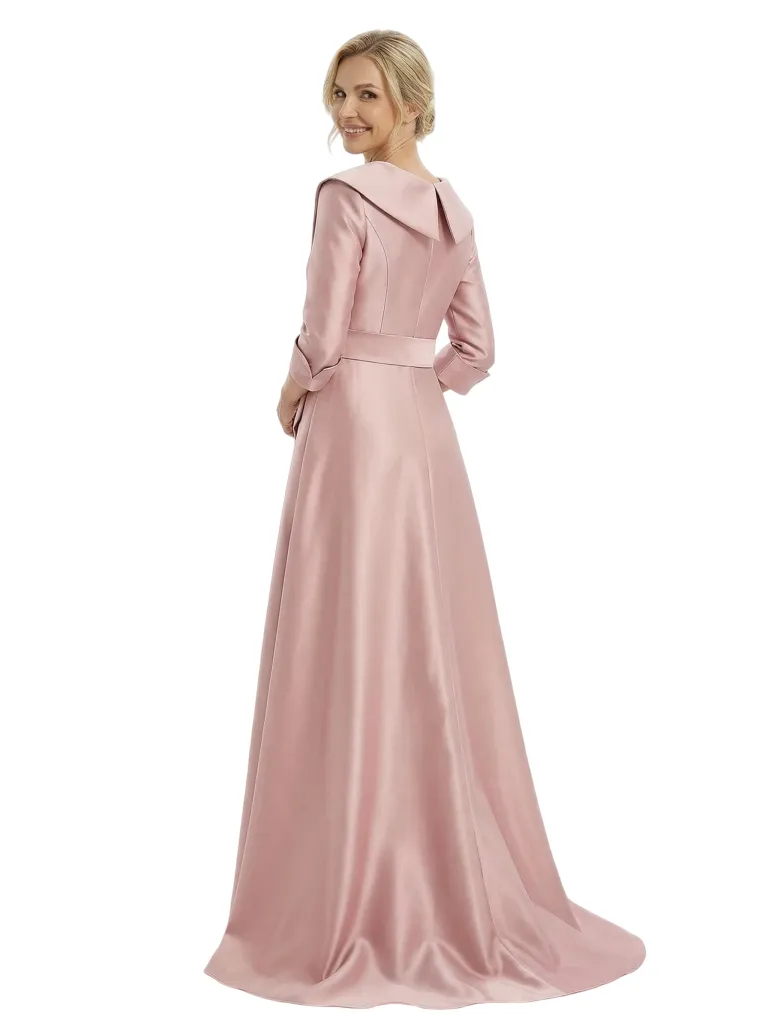 Chic Deep V-Neck 3/4 Sleeve Floor-Length With Bow Waist Mother of The Bride Satin Gown sold by ChicSew product image thumbnail 3