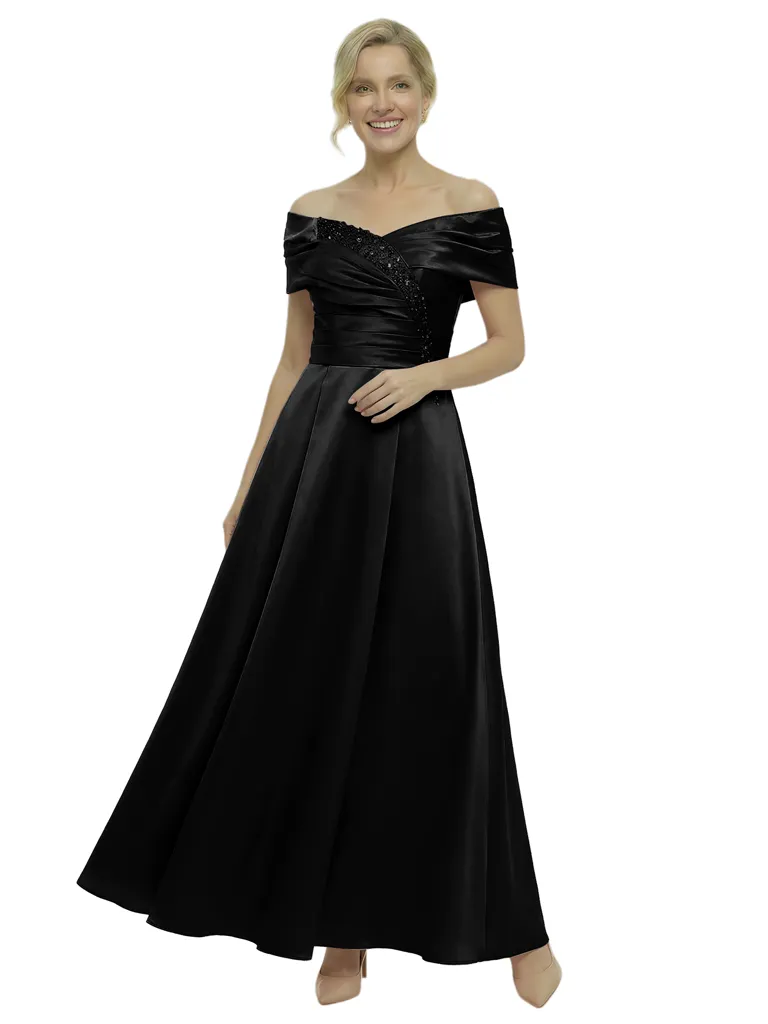 Elegant Off Shoulder Ruched Mother of The Groom Satin Gown With Sequin Detail sold by ChicSew product image thumbnail 4