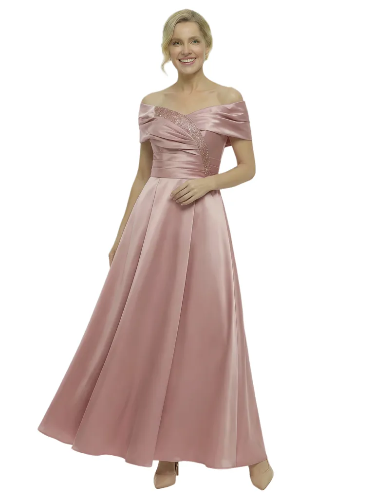 Elegant Off Shoulder Ruched Mother of The Groom Satin Gown With Sequin Detail sold by ChicSew