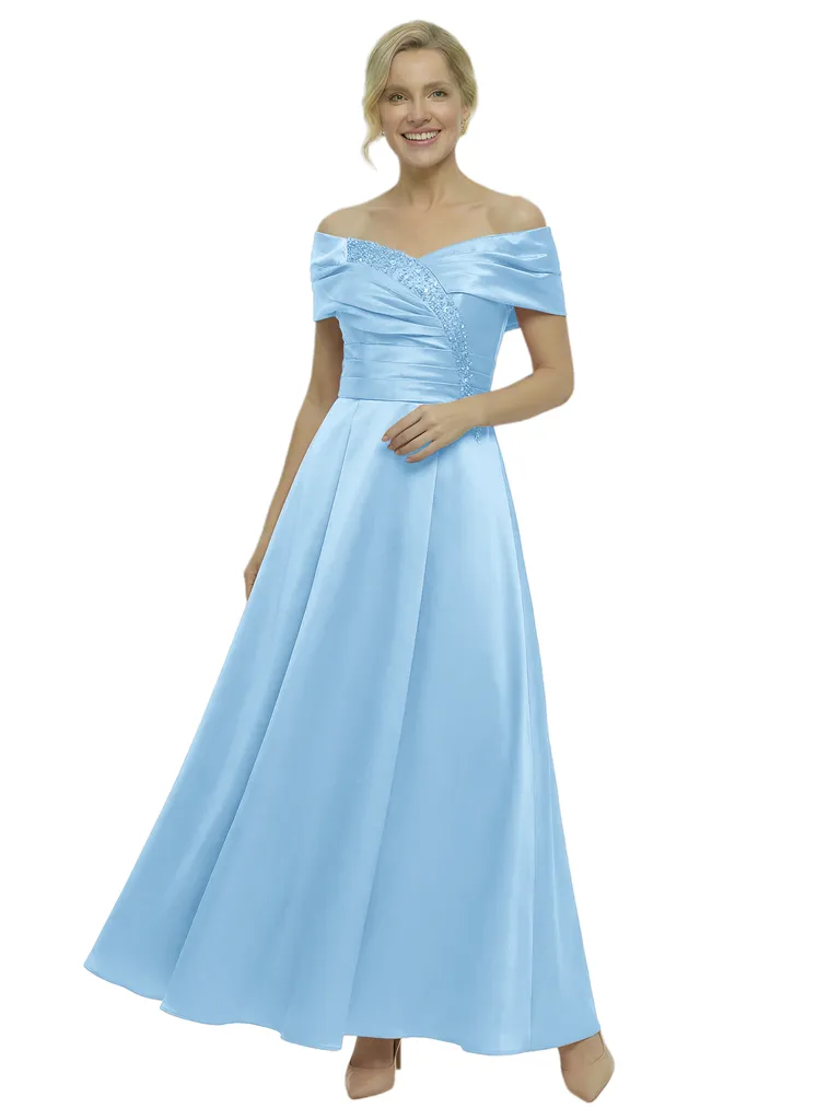 Elegant Off Shoulder Ruched Mother of The Groom Satin Gown With Sequin Detail sold by ChicSew product image thumbnail 5