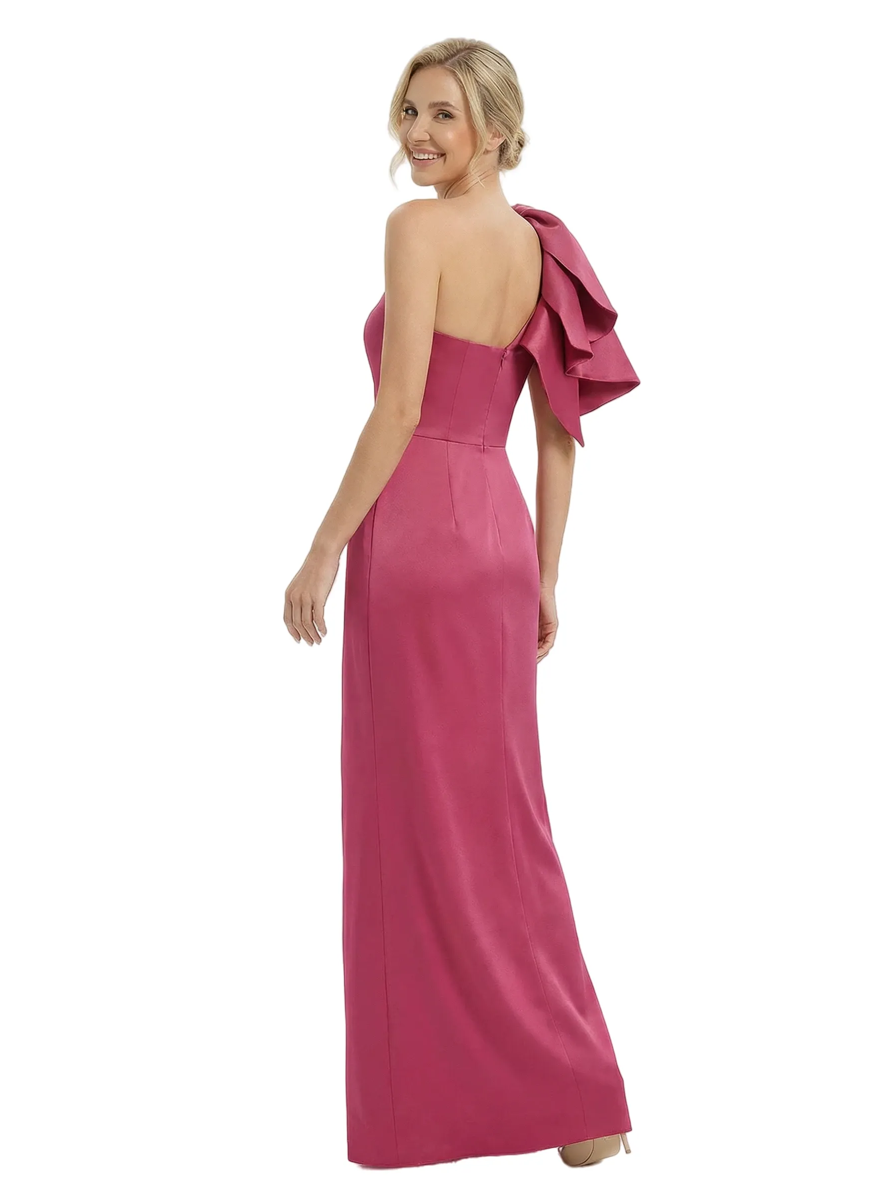 Modern One Shoulder Side Slit Satin Sheath Mother Of The Bride Dress With Bow Knot sold by ChicSew product image thumbnail 3