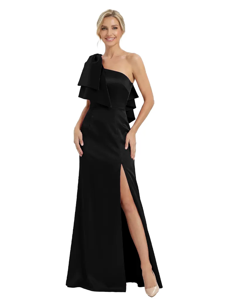 Modern One Shoulder Side Slit Satin Sheath Mother Of The Bride Dress With Bow Knot sold by ChicSew product image thumbnail 4