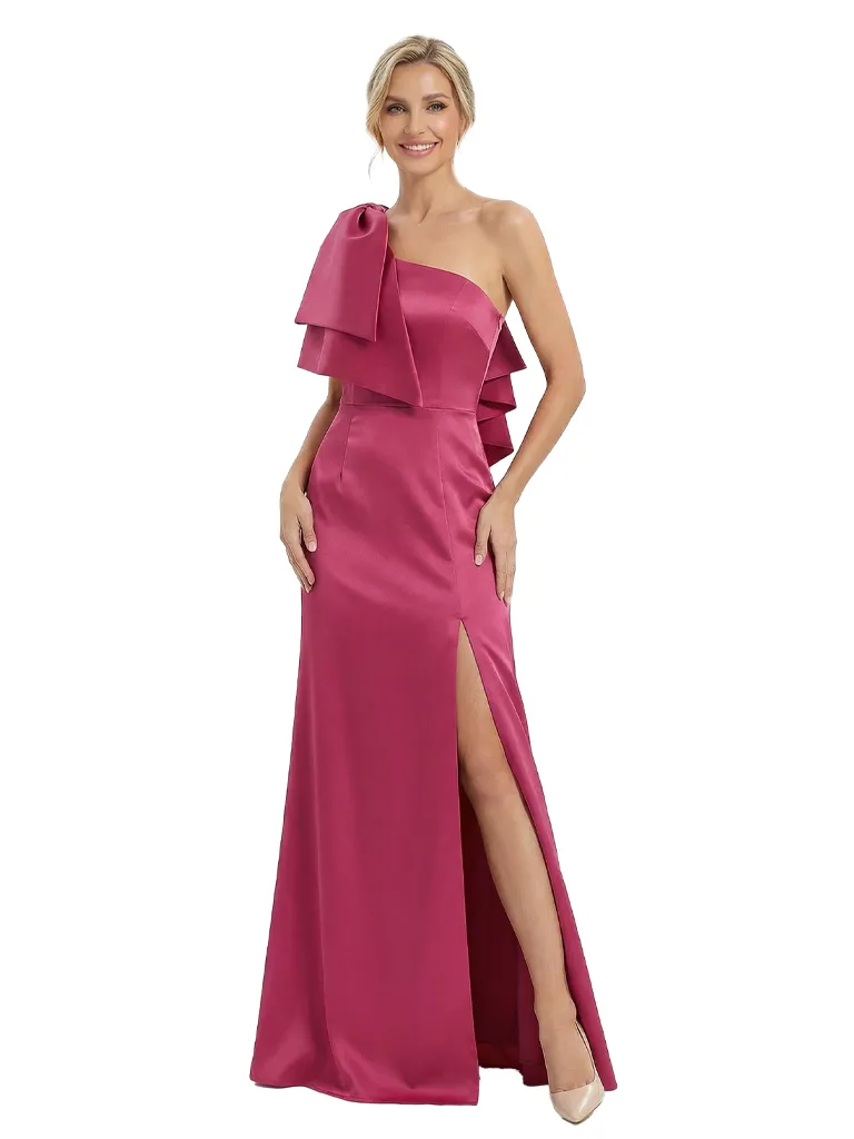 Modern One Shoulder Side Slit Satin Sheath Mother Of The Bride Dress With Bow Knot sold by ChicSew