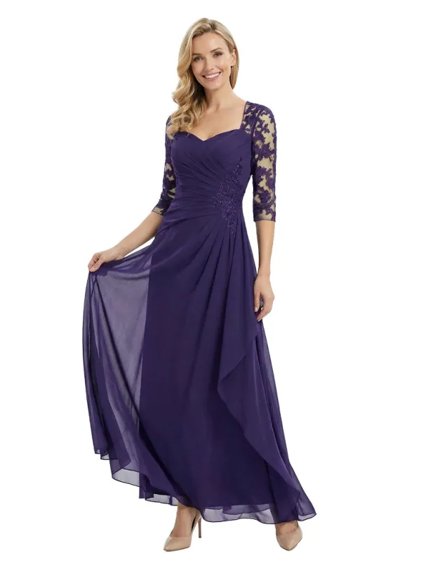 Fancy Mother of The Bride Chiffon Gown Square Neck 3/4 Lace Sleeve Floor-Length sold by ChicSew