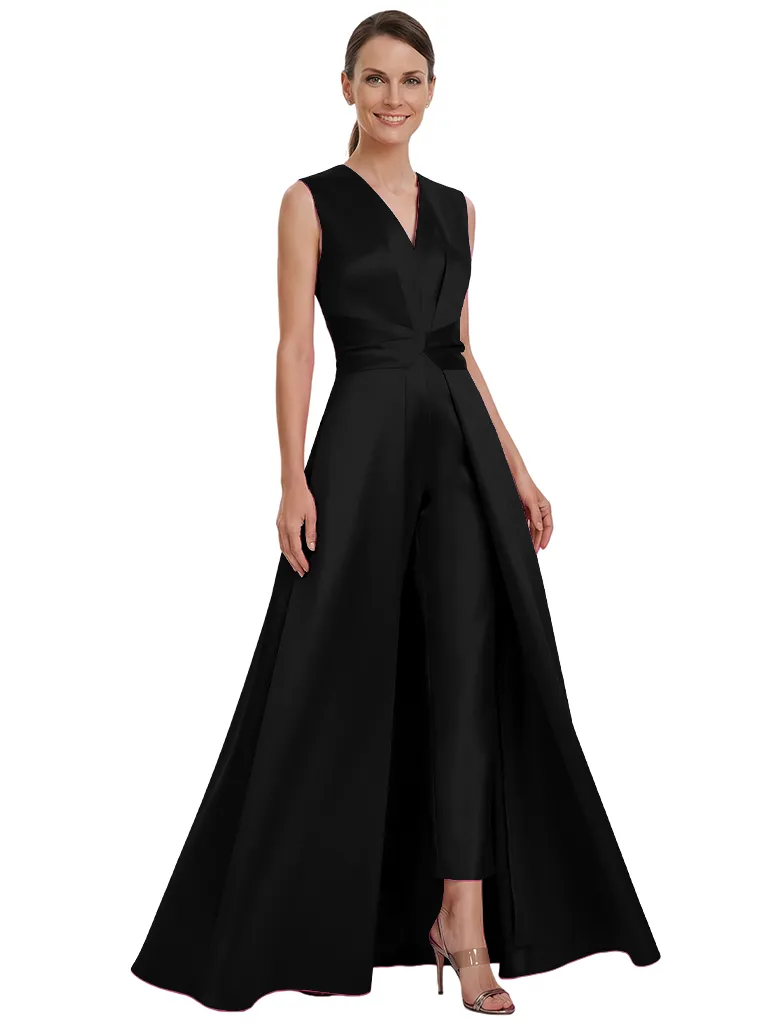 Classy Mother of The Bride Pantsuit OverskirtV-Neck Floor-Length Satin Modern Formal Wedding Guest Outfit for Moms sold by ChicSew product image thumbnail 4