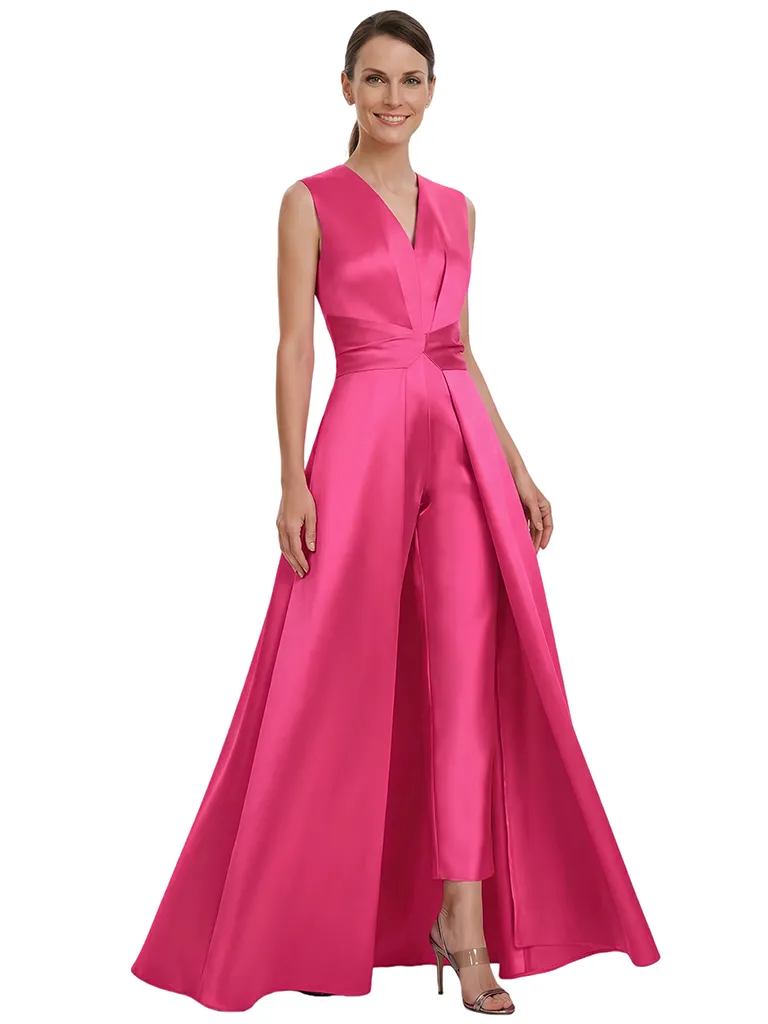 Classy Mother of The Bride Pantsuit OverskirtV-Neck Floor-Length Satin Modern Formal Wedding Guest Outfit for Moms sold by ChicSew