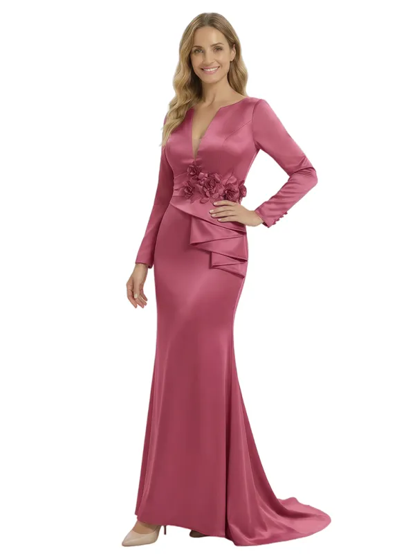 Sexy V-Neck Mermaid Floral Mother Of The Groom Dress Long Sleeves Silky Satin Gown sold by ChicSew