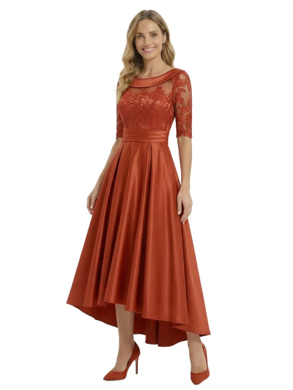 Elegant Mother of The Bride Satin Gown Boat Neck Half Lace Sleeve High Low Hem Formal Wedding Dress for Moms sold by ChicSew