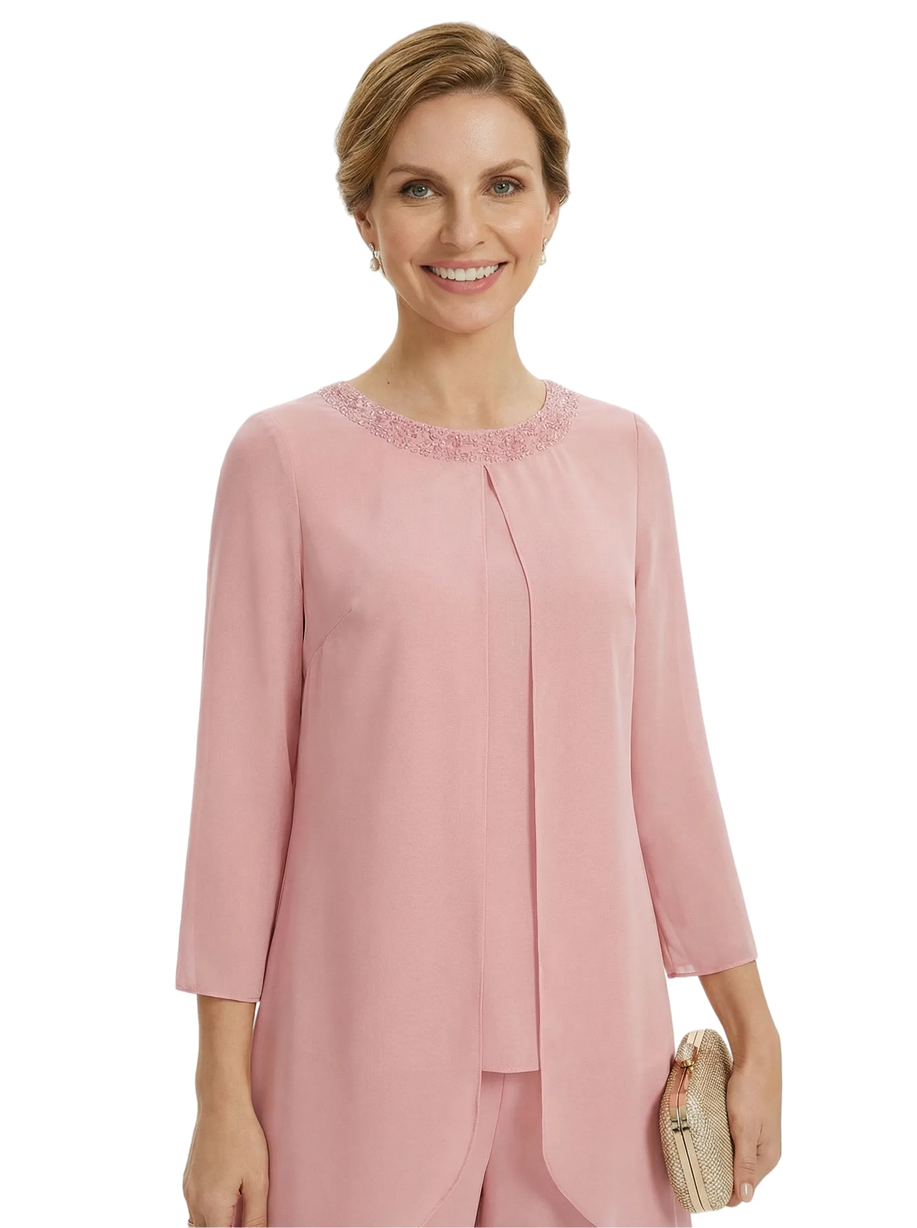 Stylish 3/4 Sleeve Mother of The Bride Two-Piece Set Fancy Chiffon Pantsuit with Beaded Neckline Detail sold by ChicSew product image thumbnail 4