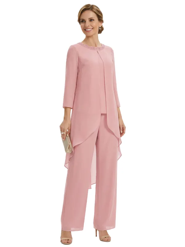 Stylish 3/4 Sleeve Mother of The Bride Two-Piece Set Fancy Chiffon Pantsuit with Beaded Neckline Detail sold by ChicSew
