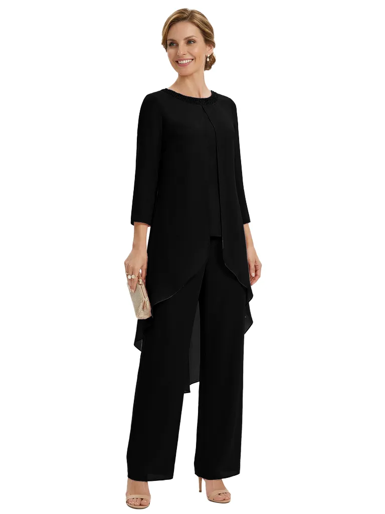 Stylish 3/4 Sleeve Mother of The Bride Two-Piece Set Fancy Chiffon Pantsuit with Beaded Neckline Detail sold by ChicSew product image thumbnail 5
