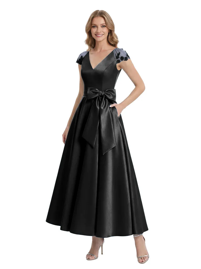 Charming V-Neck Cap Sleeve Tea-Length With Tulle Floral Detail Pretty Formal Mother of The Bride Satin Gown sold by ChicSew product image thumbnail 4