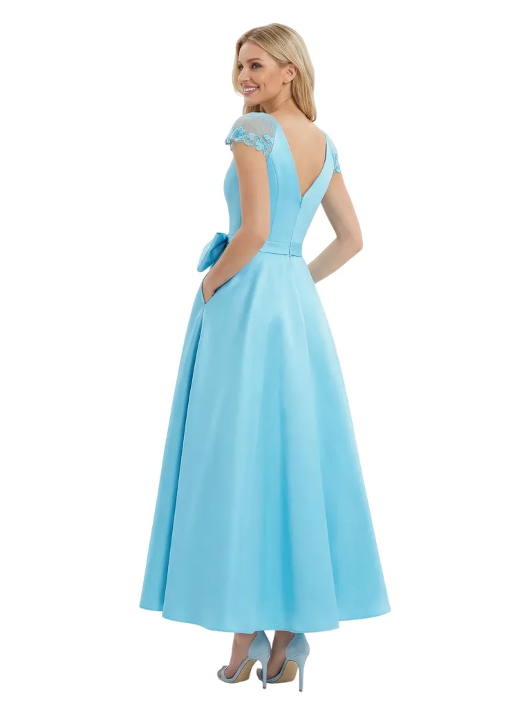 Charming V-Neck Cap Sleeve Tea-Length With Tulle Floral Detail Pretty Formal Mother of The Bride Satin Gown sold by ChicSew product image thumbnail 3