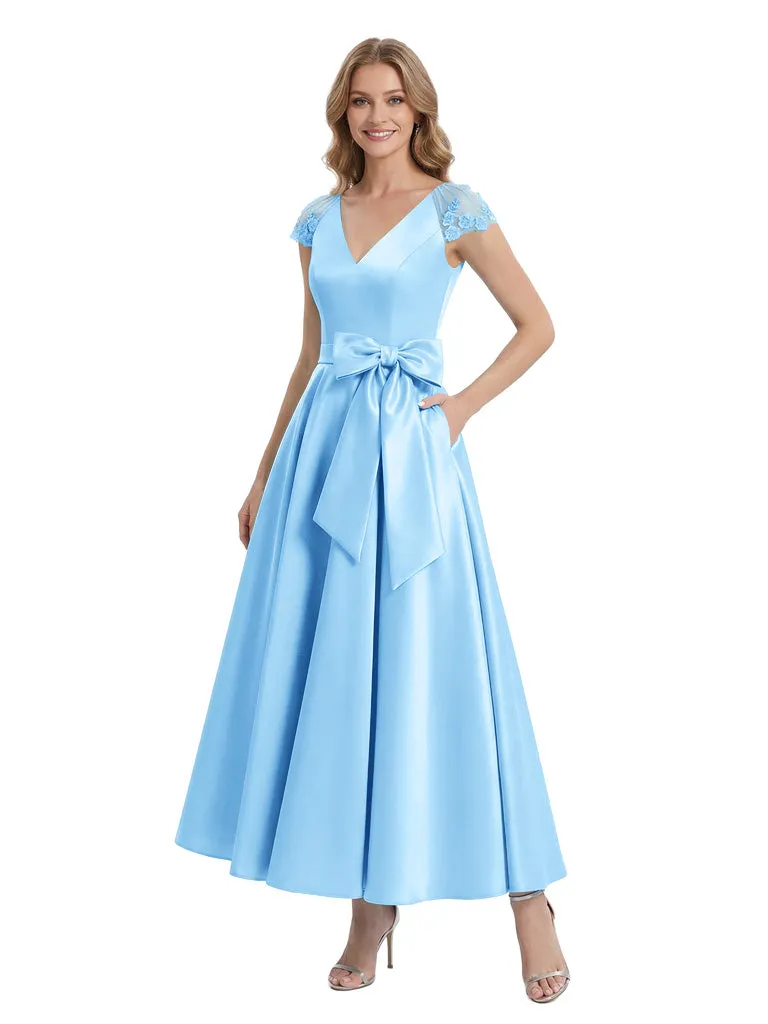 Charming V-Neck Cap Sleeve Tea-Length With Tulle Floral Detail Pretty Formal Mother of The Bride Satin Gown sold by ChicSew product image thumbnail 5