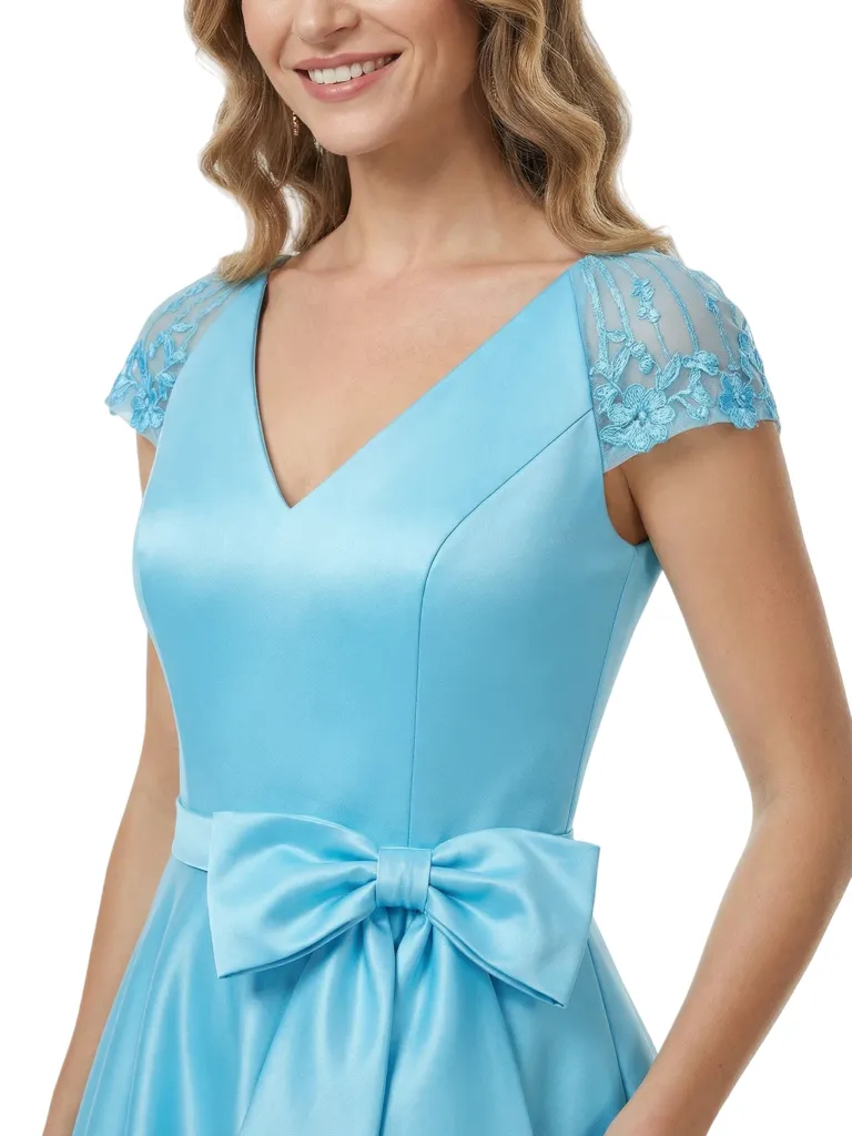 Charming V-Neck Cap Sleeve Tea-Length With Tulle Floral Detail Pretty Formal Mother of The Bride Satin Gown sold by ChicSew product image thumbnail 2