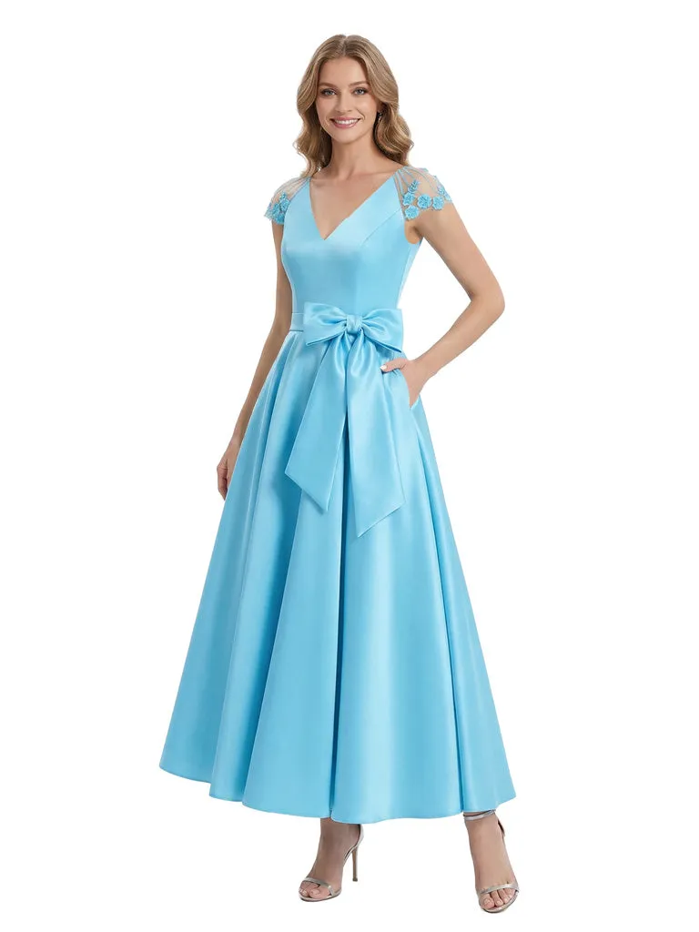 Charming V-Neck Cap Sleeve Tea-Length With Tulle Floral Detail Pretty Formal Mother of The Bride Satin Gown sold by ChicSew