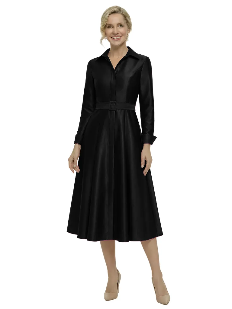 Chic Shirt Style Long Sleeves Mother Of The Bride Dress Midi A-Line Satin Gown With Belt sold by ChicSew product image thumbnail 4